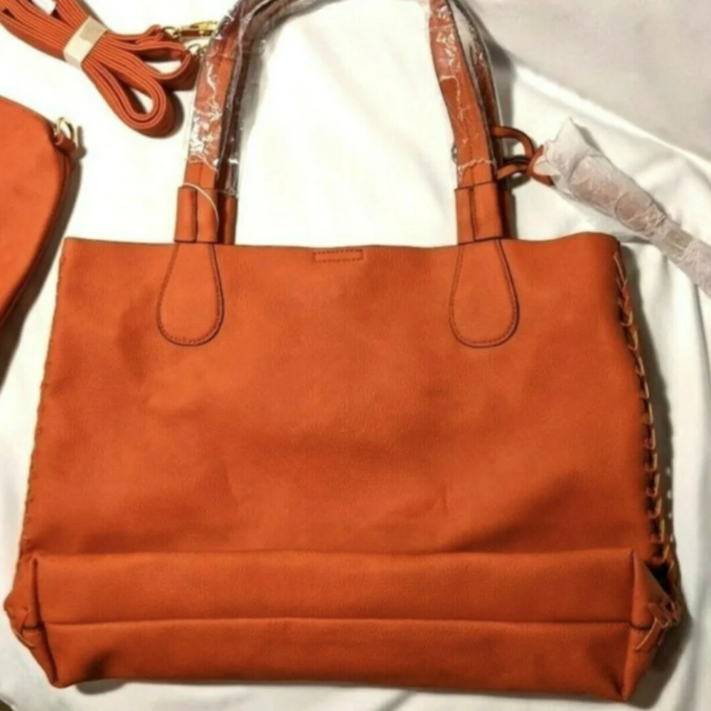 2-in-1 Vegan Leather Whipstitch Tote